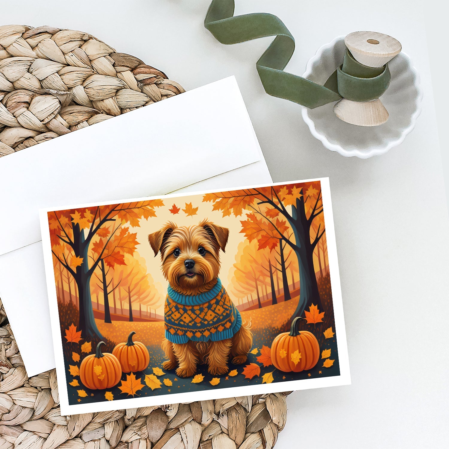 Norfolk Terrier Fall Greeting Cards Pack of 8 Blank Cards with Envelopes Whimsical A7 Size 5x7