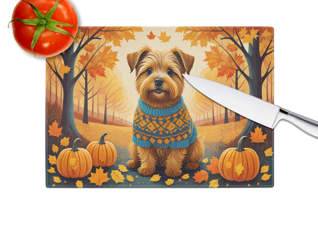 Norfolk Terrier Fall Cutting Board Tempered Glass Kitchen Cutting Surface, Heat Resistant Chopping, Non-Slip Feet, Food Prep & Serving