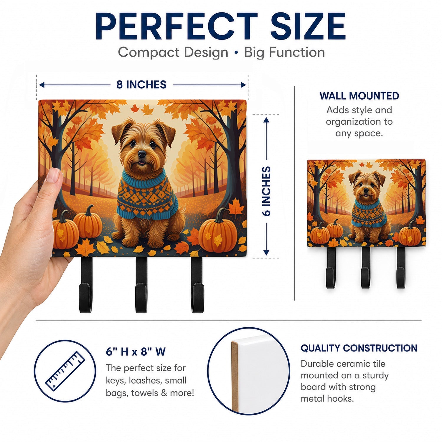 Norfolk Terrier Fall Leash or Key Holder Wall Hooks, Coat Rack Wall Mount, for Hanging Keys, Towels, Aprons, Leashes
