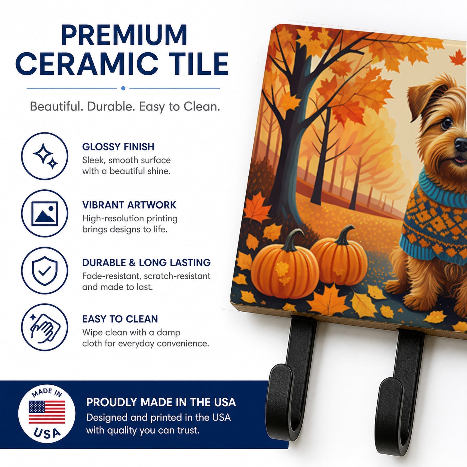 Norfolk Terrier Fall Leash or Key Holder Wall Hooks, Coat Rack Wall Mount, for Hanging Keys, Towels, Aprons, Leashes