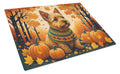 Norwich Terrier Fall Cutting Board Tempered Glass Kitchen Cutting Surface, Heat Resistant Chopping, Non-Slip Feet, Food Prep & Serving