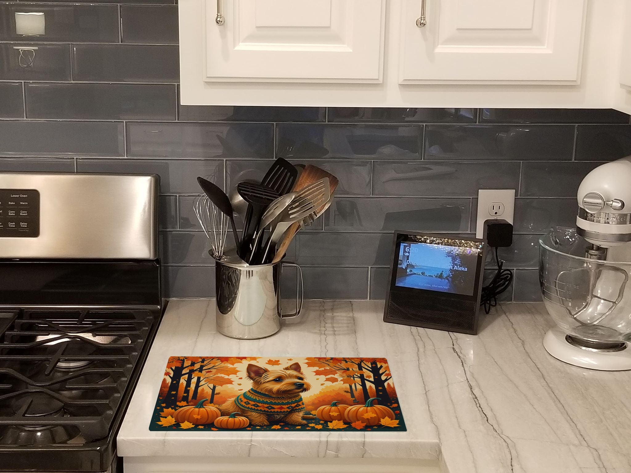 Norwich Terrier Fall Cutting Board Tempered Glass Kitchen Cutting Surface, Heat Resistant Chopping, Non-Slip Feet, Food Prep & Serving