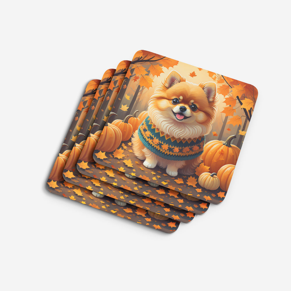 Pomeranian Fall Foam Coasters Set of 4 Cup Coasters for Indoor Outdoor, Tabletop Protection, Anti Slip, Mouse pad Material