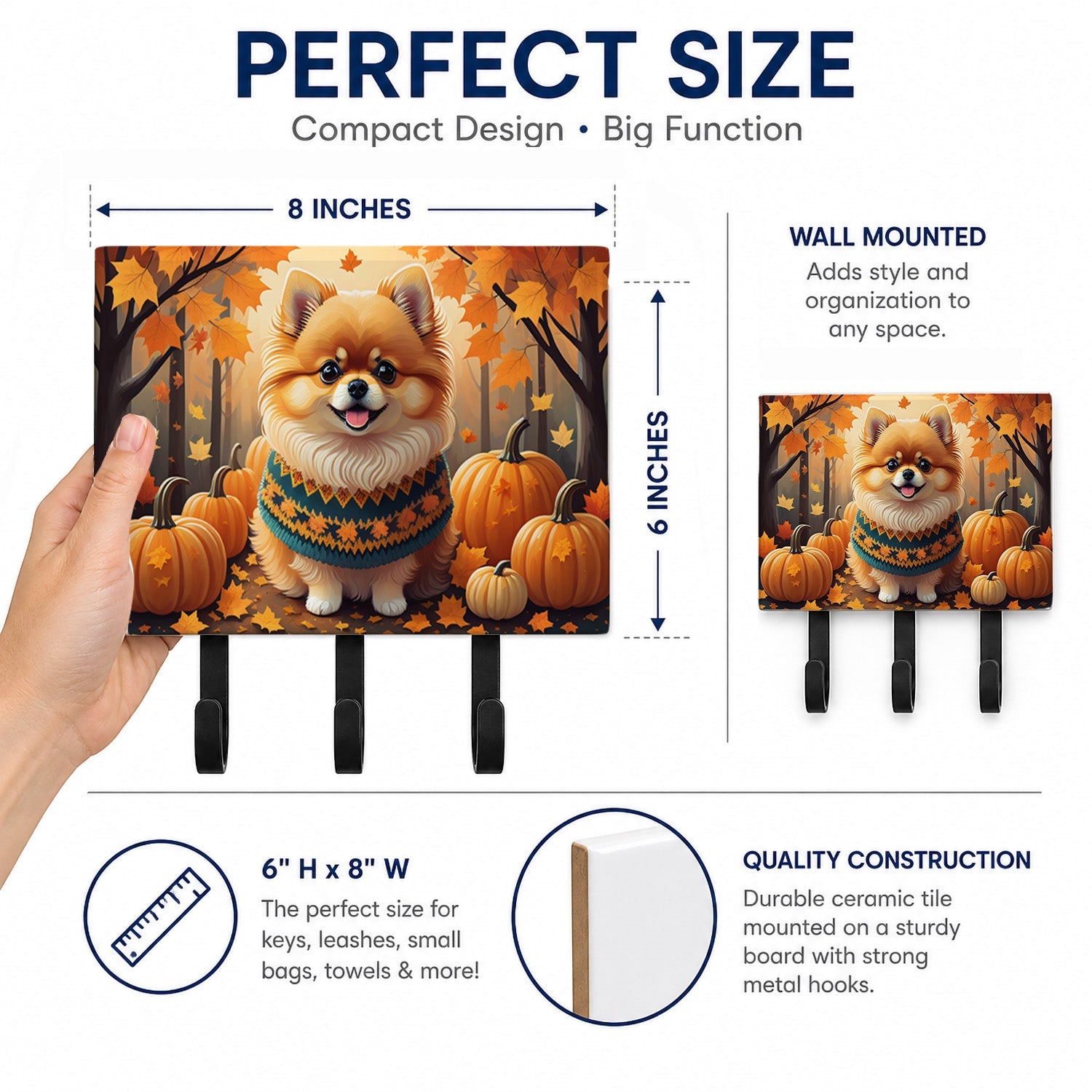 Pomeranian Fall Leash or Key Holder Wall Hooks, Coat Rack Wall Mount, for Hanging Keys, Towels, Aprons, Leashes