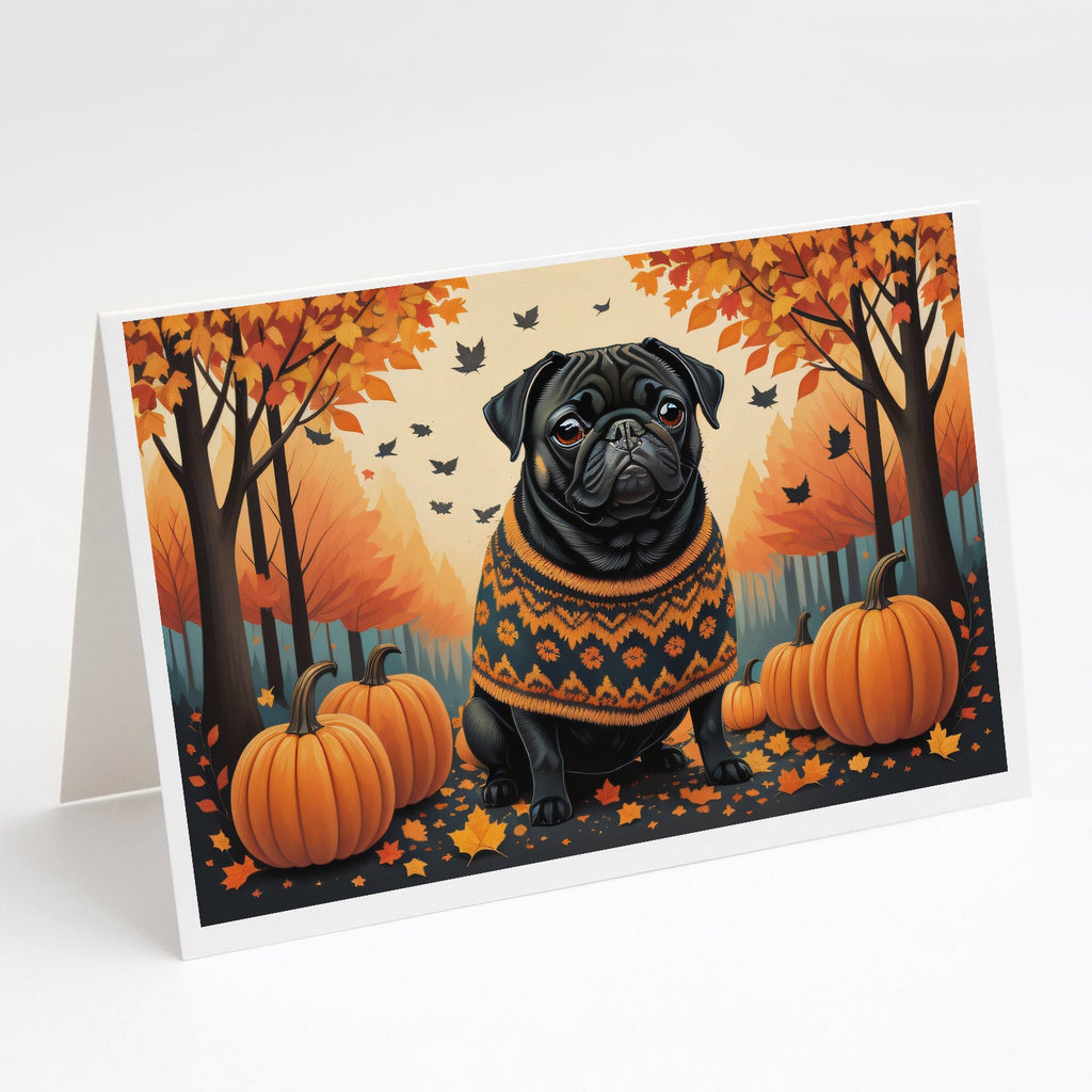 Black Pug Fall Greeting Cards Pack of 8 Blank Cards with Envelopes Whimsical A7 Size 5x7