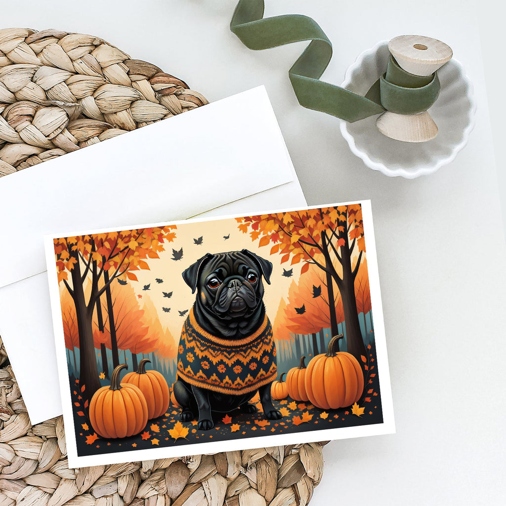 Black Pug Fall Greeting Cards Pack of 8 Blank Cards with Envelopes Whimsical A7 Size 5x7