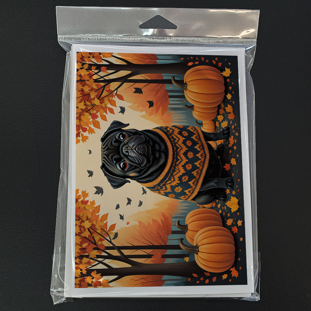 Black Pug Fall Greeting Cards Pack of 8 Blank Cards with Envelopes Whimsical A7 Size 5x7