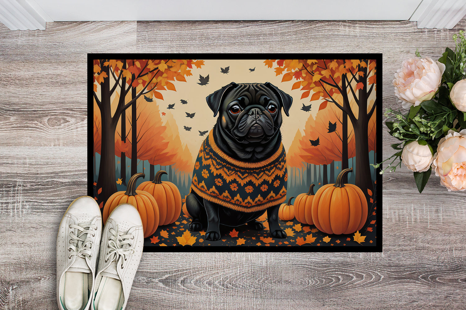 Black Pug Fall Doormat Indoor Outdoor 24H X 36W Front Door Mat Rugs for Entryway, Non Slip Washable Low Pile,