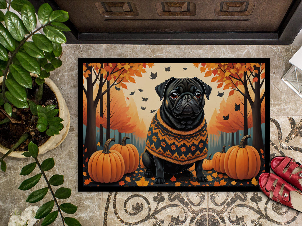 Black Pug Fall Doormat Indoor Outdoor 24H X 36W Front Door Mat Rugs for Entryway, Non Slip Washable Low Pile,