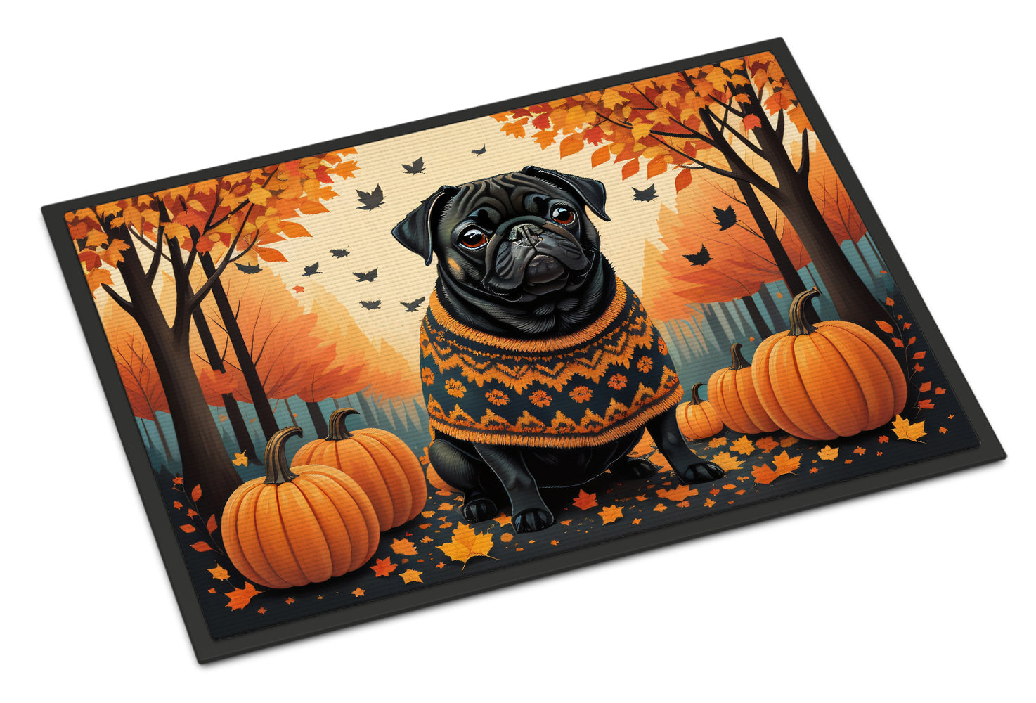 Black Pug Fall Doormat Indoor Outdoor 18H X 27W Front Door Mat Rugs for Entryway, Non Slip Washable