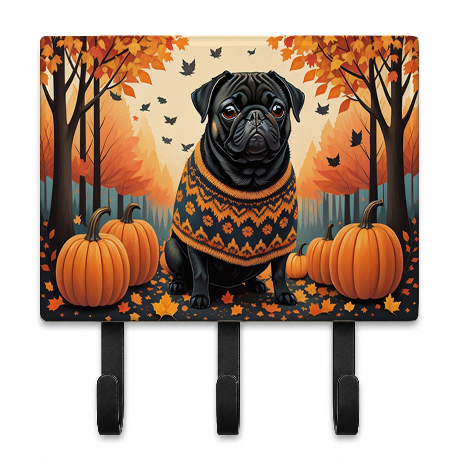 Black Pug Fall Leash or Key Holder Wall Hooks, Coat Rack Wall Mount, for Hanging Keys, Towels, Aprons, Leashes