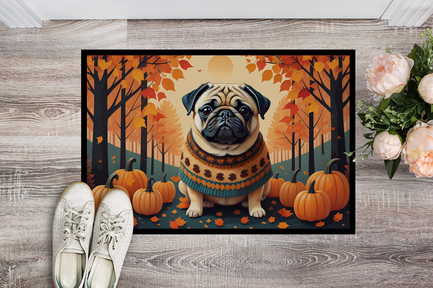 Fawn Pug Fall Doormat Indoor Outdoor 18H X 27W Front Door Mat Rugs for Entryway, Non Slip Washable