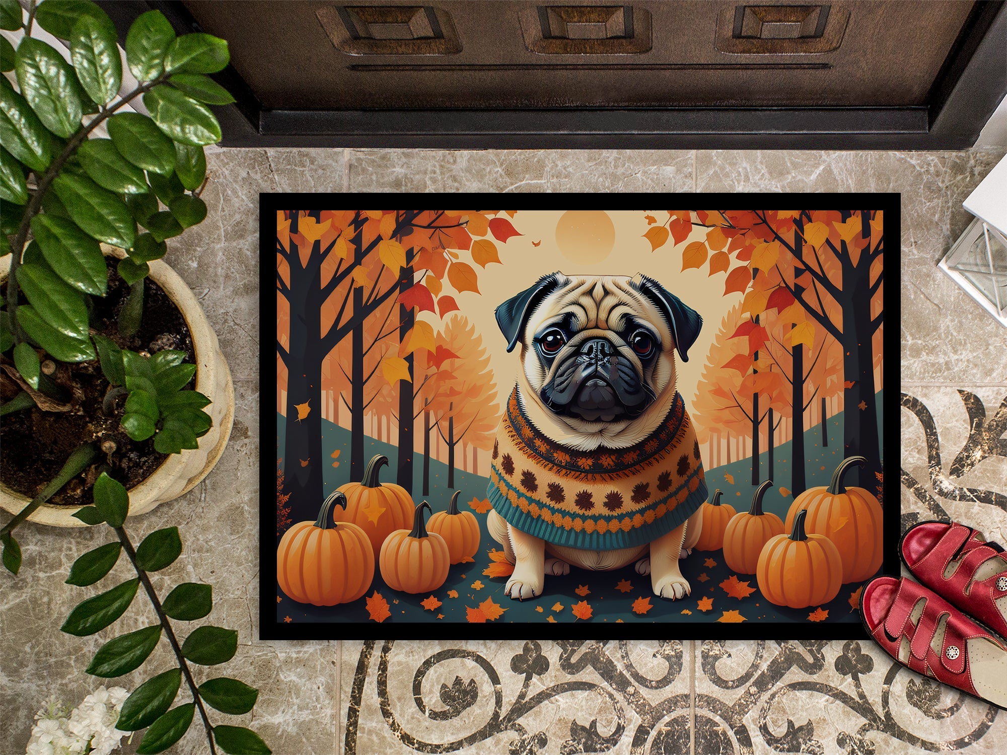 Fawn Pug Fall Doormat Indoor Outdoor 18H X 27W Front Door Mat Rugs for Entryway, Non Slip Washable