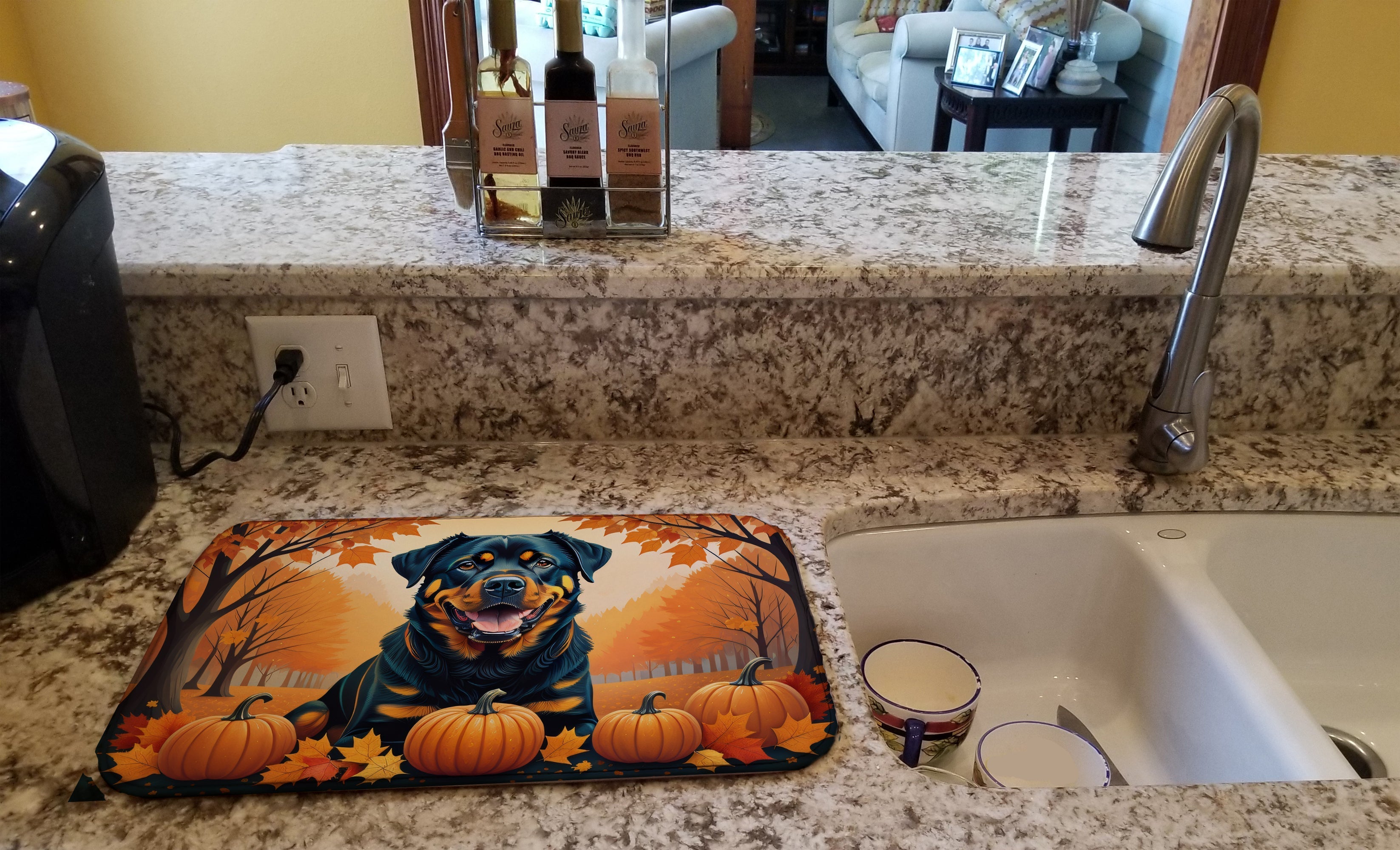 Rottweiler Fall Dish Drying Mat Absorbent Dish Drying Mat Pad for Kitchen Counter Dish Drainer Mat for Countertop, 14 x 21", Multicolor