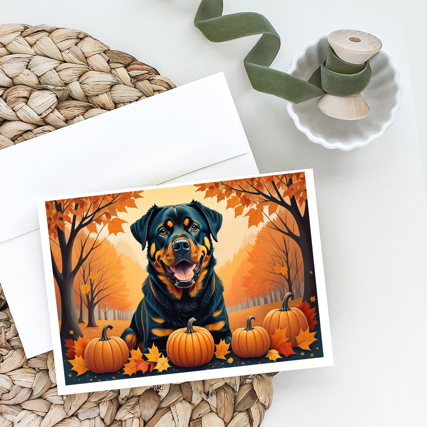 Rottweiler Fall Greeting Cards Pack of 8 Blank Cards with Envelopes Whimsical A7 Size 5x7