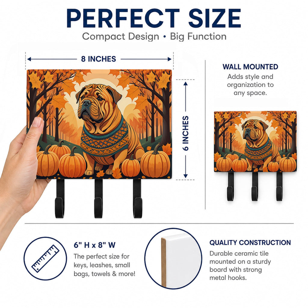 Shar Pei Fall Leash or Key Holder Wall Hooks, Coat Rack Wall Mount, for Hanging Keys, Towels, Aprons, Leashes