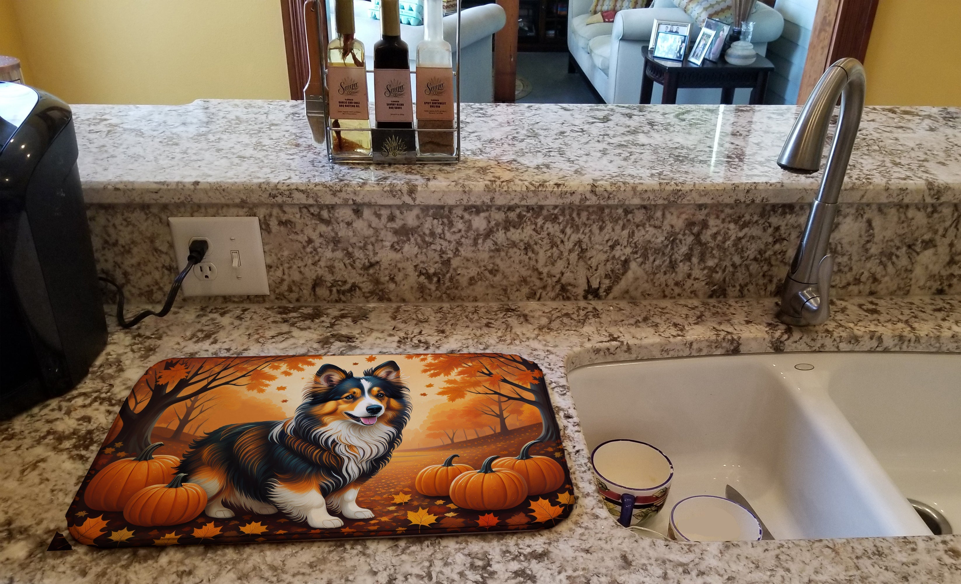 Sheltie Fall Dish Drying Mat Absorbent Dish Drying Mat Pad for Kitchen Counter Dish Drainer Mat for Countertop, 14 x 21", Multicolor