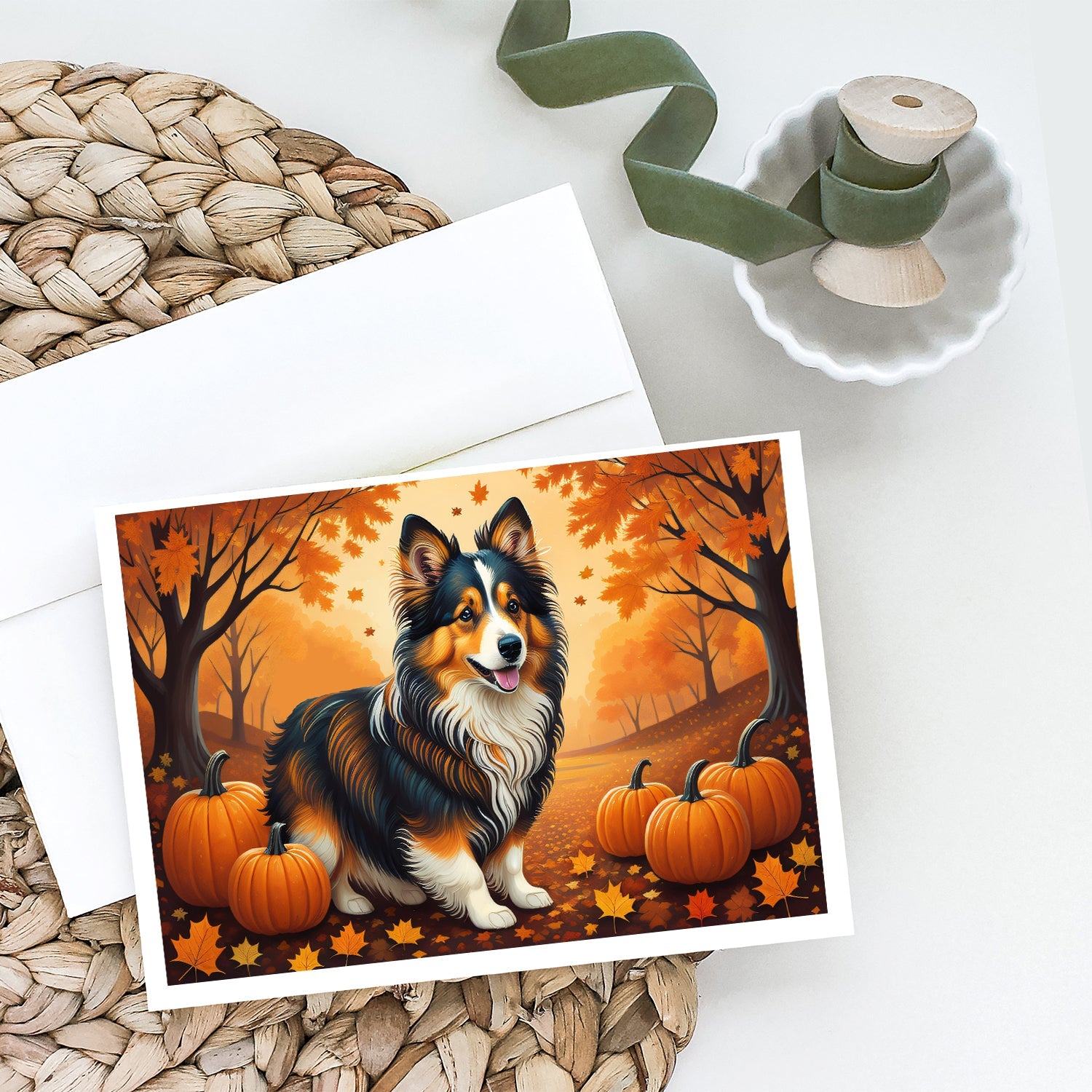 Sheltie Fall Greeting Cards Pack of 8 Blank Cards with Envelopes Whimsical A7 Size 5x7