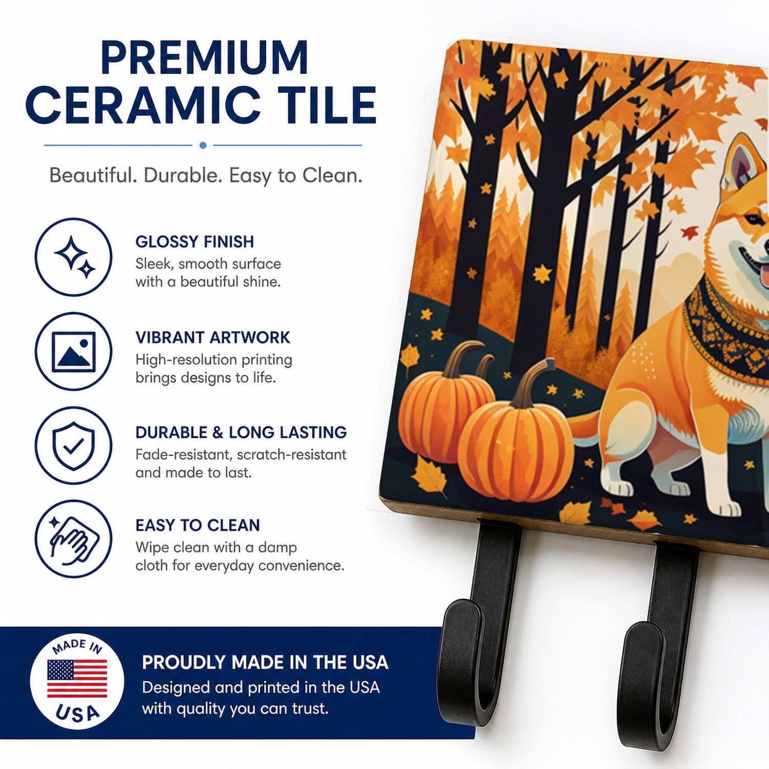 Shiba Inu Fall Leash or Key Holder Wall Hooks, Coat Rack Wall Mount, for Hanging Keys, Towels, Aprons, Leashes