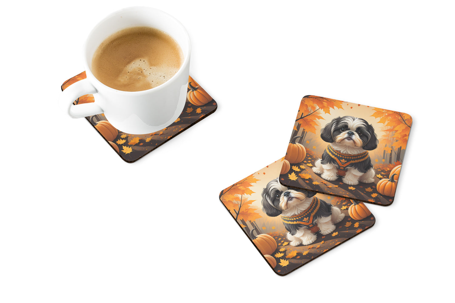 Shih Tzu Fall Foam Coasters Set of 4 Cup Coasters for Indoor Outdoor, Tabletop Protection, Anti Slip, Mouse pad Material