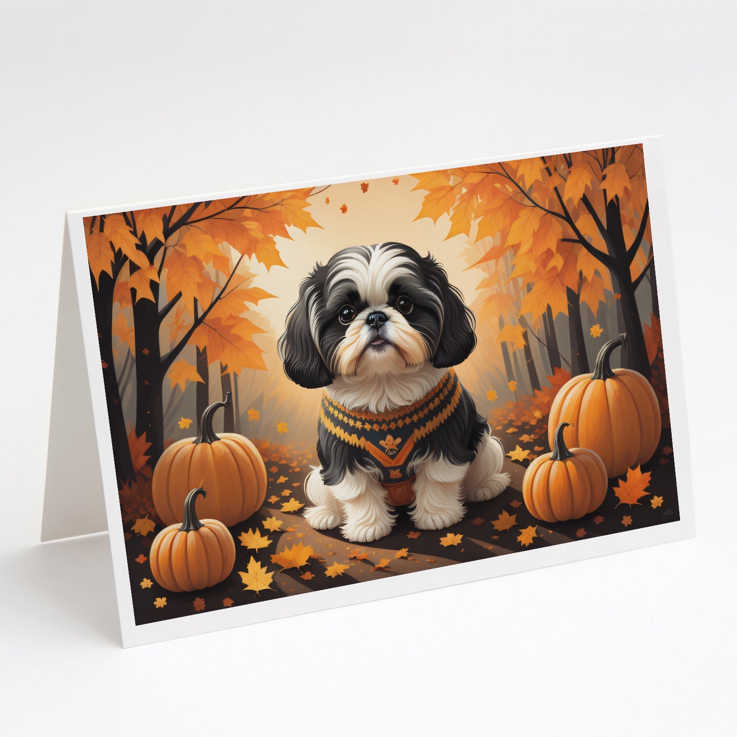 Shih Tzu Fall Greeting Cards Pack of 8 Blank Cards with Envelopes Whimsical A7 Size 5x7