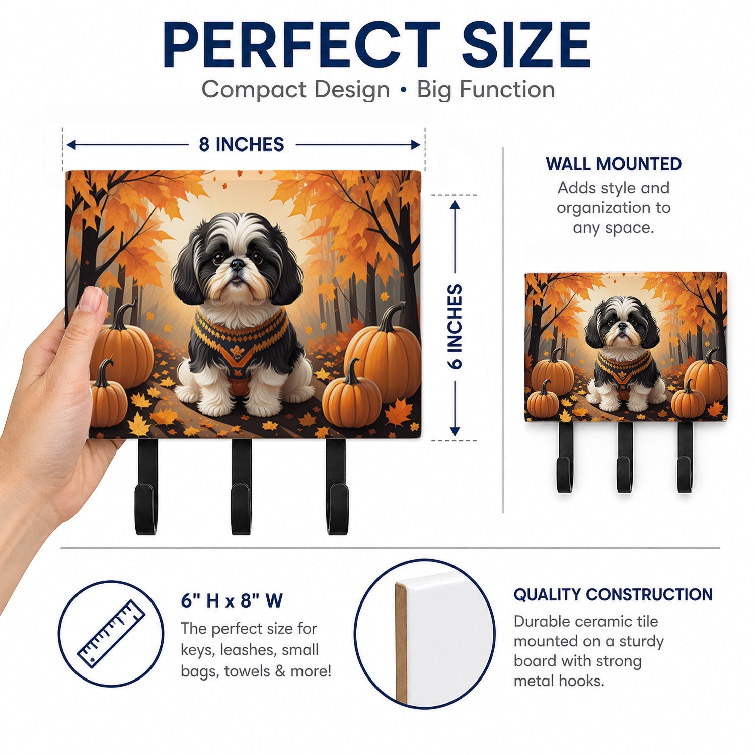 Shih Tzu Fall Leash or Key Holder Wall Hooks, Coat Rack Wall Mount, for Hanging Keys, Towels, Aprons, Leashes