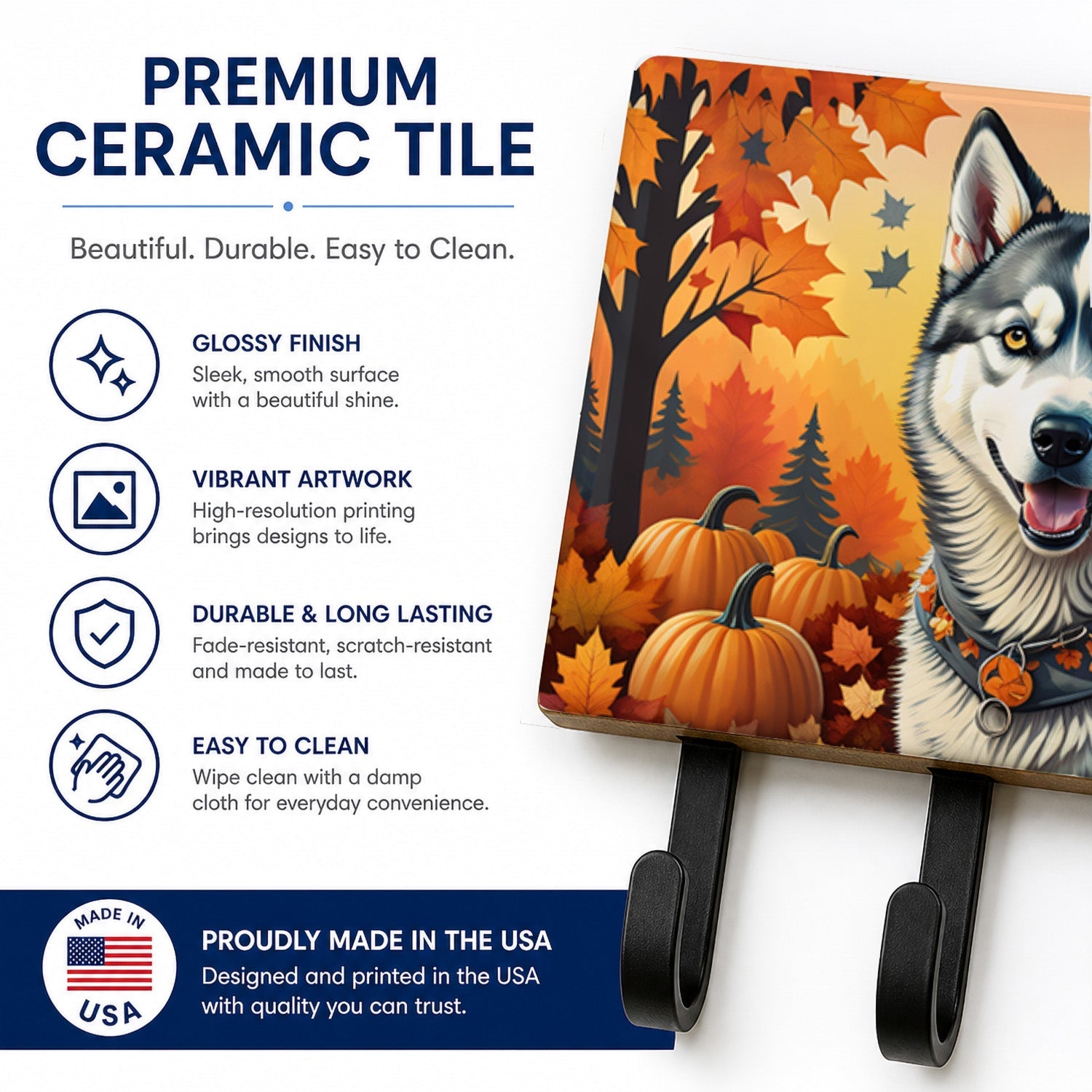 Siberian Husky Fall Leash or Key Holder Wall Hooks, Coat Rack Wall Mount, for Hanging Keys, Towels, Aprons, Leashes