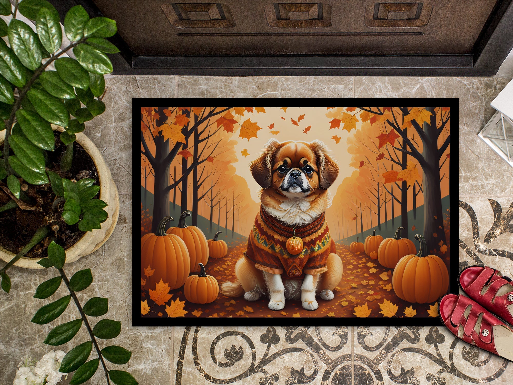 Tibetan Spaniel Fall Doormat Indoor Outdoor 24H X 36W Front Door Mat Rugs for Entryway, Non Slip Washable Low Pile,
