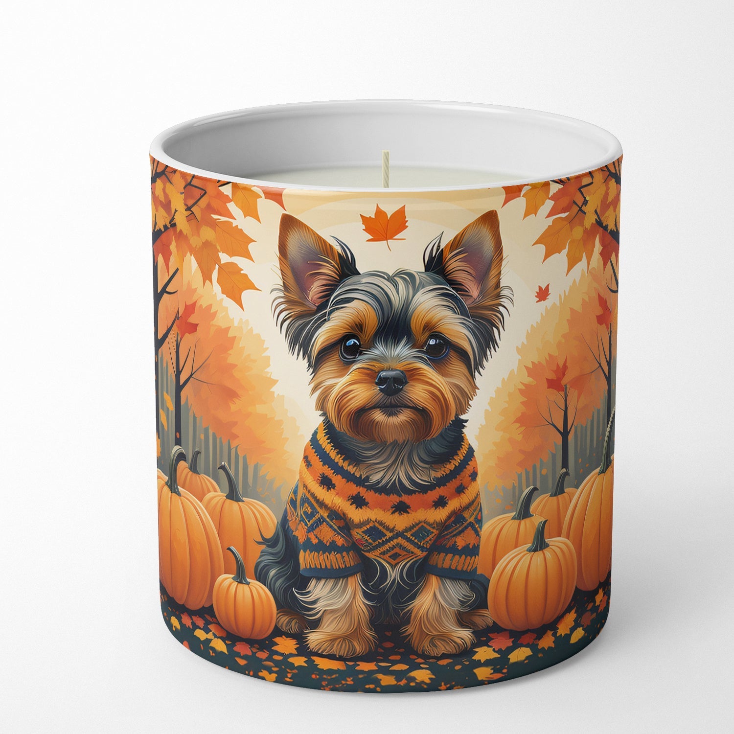 Yorkshire Terrier Fall Decorative Soy Candle Nature Soy Wax Essential Oil Home Decor Ideal for Bedroom Kitchen Bath Office Gift, 10 oz
