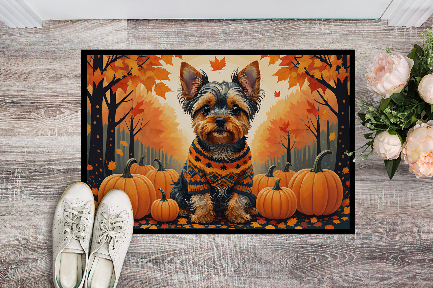 Yorkshire Terrier Fall Doormat Indoor Outdoor 18H X 27W Front Door Mat Rugs for Entryway, Non Slip Washable