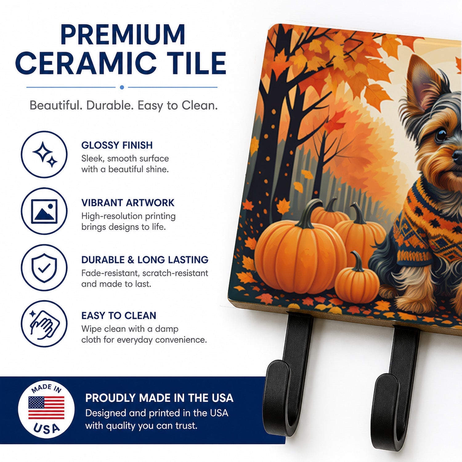 Yorkshire Terrier Fall Leash or Key Holder Wall Hooks, Coat Rack Wall Mount, for Hanging Keys, Towels, Aprons, Leashes