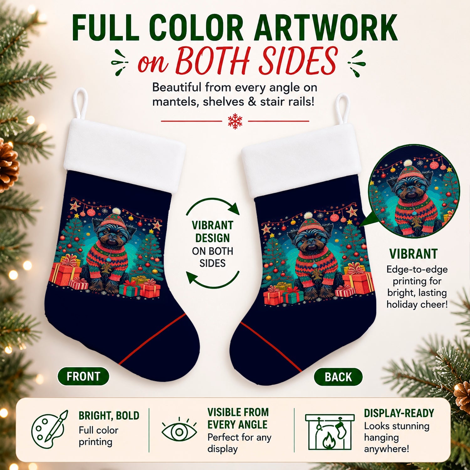Affenpinscher Christmas Holiday Stocking Double-Sided Print, Polyester Suede,11x18, Made in USA
