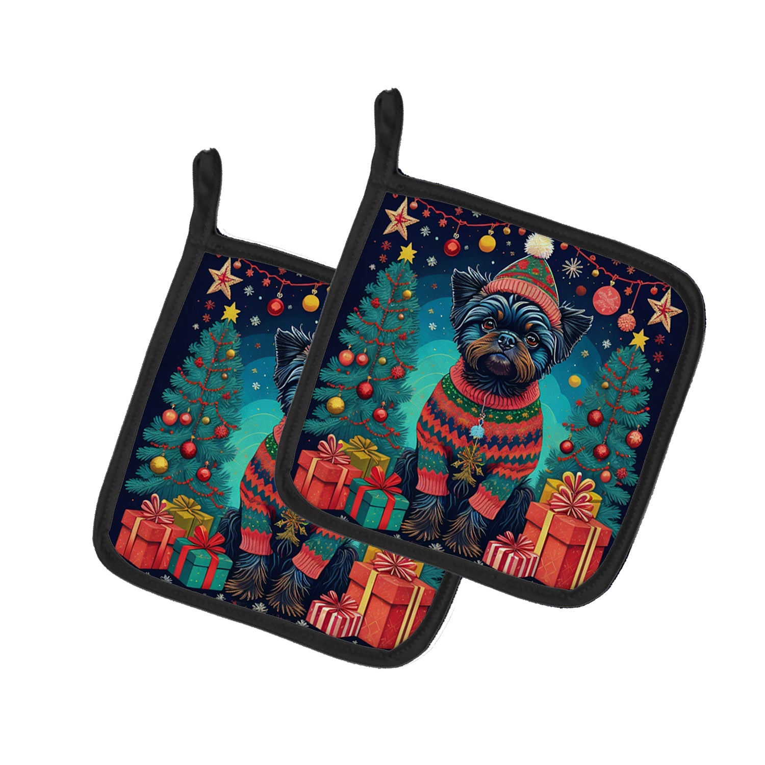 Affenpinscher Christmas Pot Holder Set of 2 Heat Resistant Quilted Hot Pads 7.5 x 7.5 Inch, Insulated Kitchen Trivets for Cooking & Baking