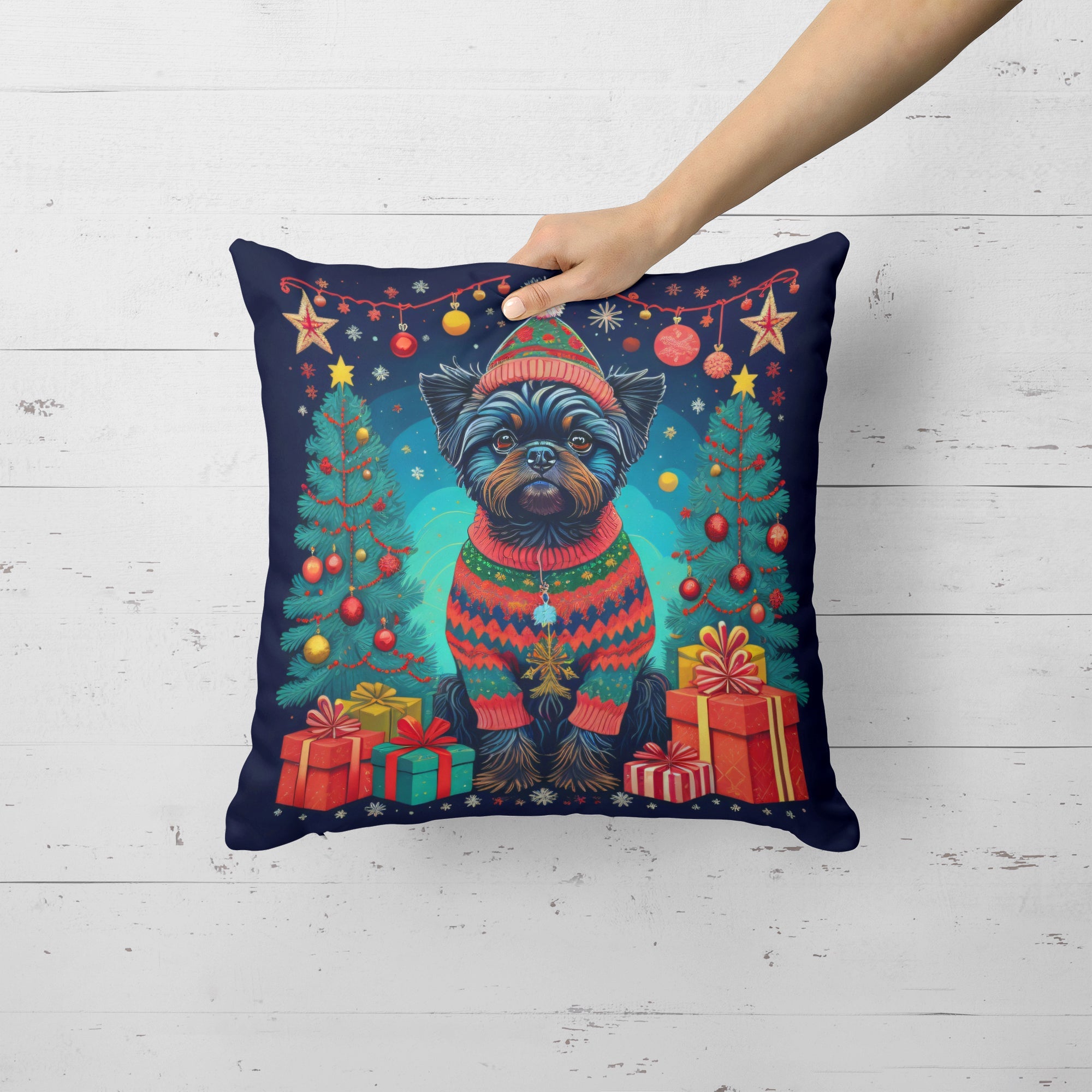 Affenpinscher Christmas Decorative Throw Pillow 14x14 Indoor Outdoor Accent Cushion, Fabric Cover with Insert for Sofa, Bed, Porch & Living Room