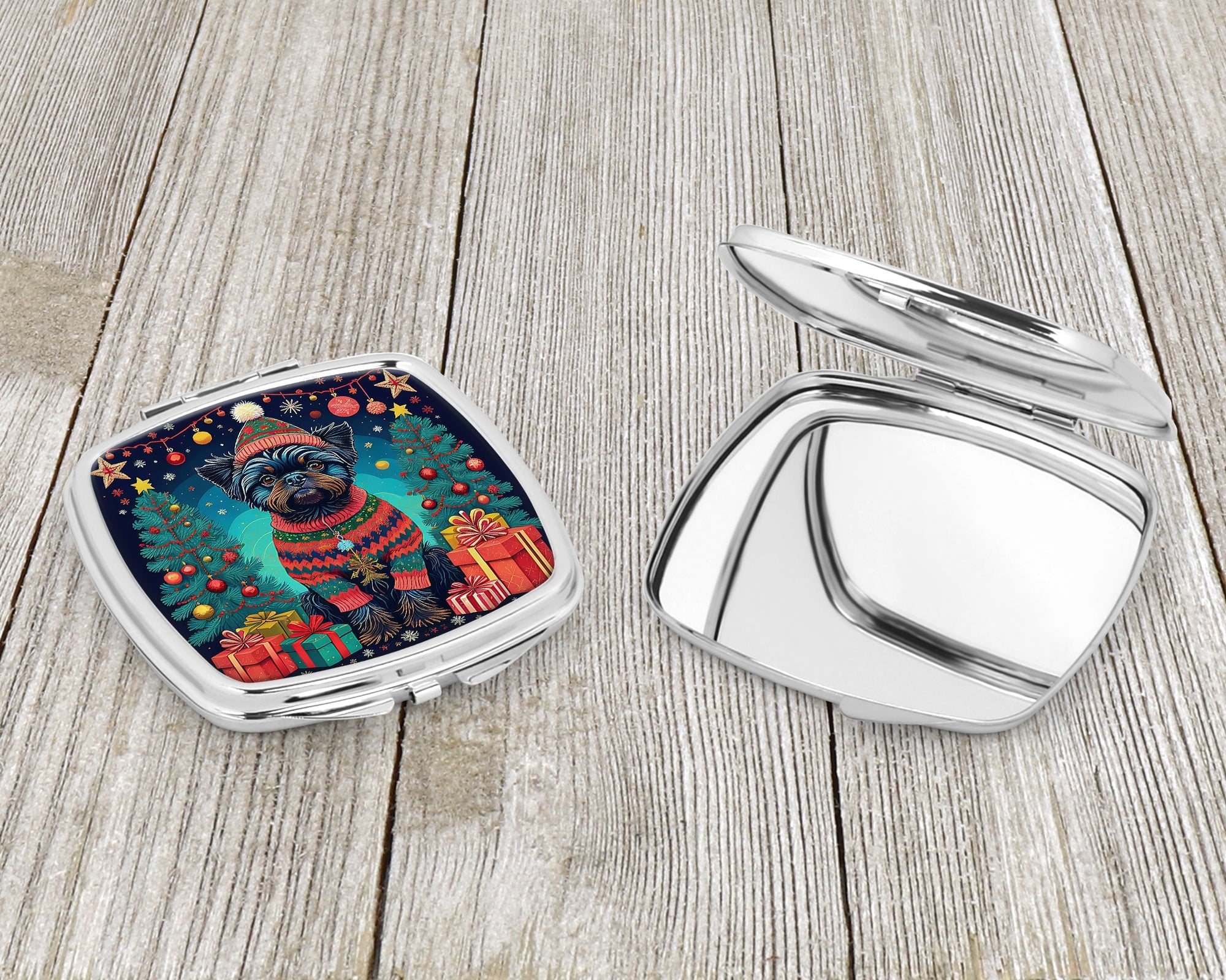 Affenpinscher Christmas Compact Mirror Decorative Travel Makeup Mirror for Women Girls Gifts Pocket Makeup Mirror Folding Handheld