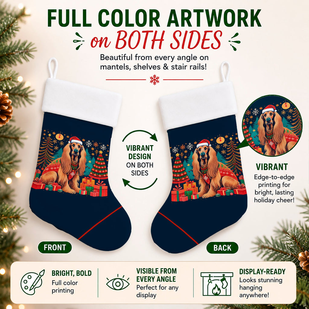 Afghan Hound Christmas Holiday Stocking Double-Sided Print, Polyester Suede,11x18, Made in USA