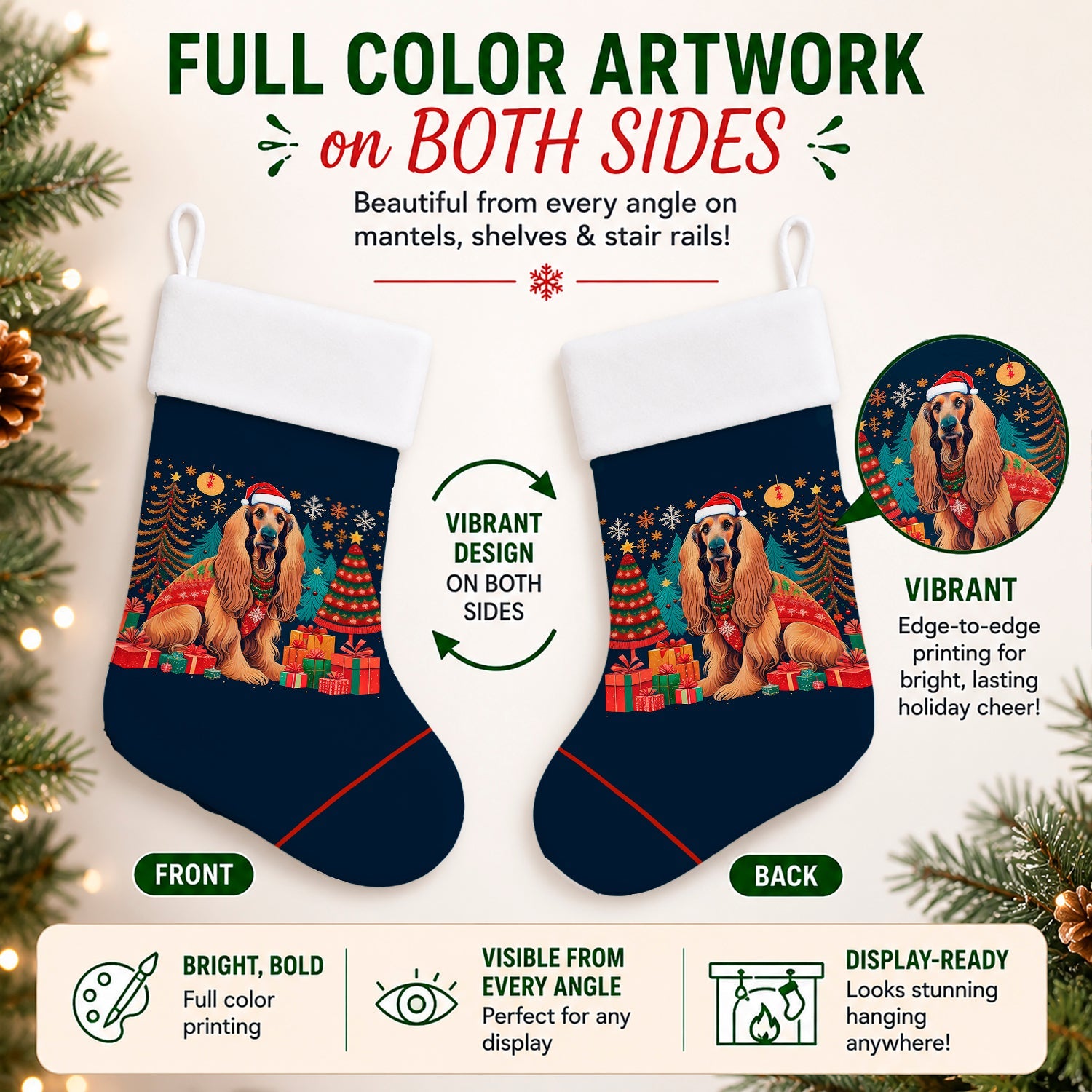 Afghan Hound Christmas Holiday Stocking Double-Sided Print, Polyester Suede,11x18, Made in USA