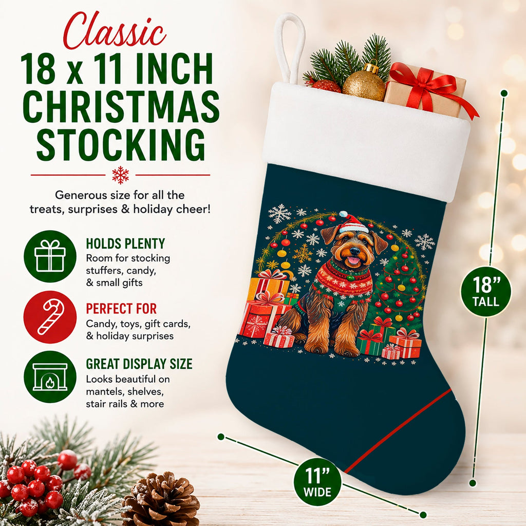 Airedale Terrier Christmas Holiday Stocking Double-Sided Print, Polyester Suede,11x18, Made in USA