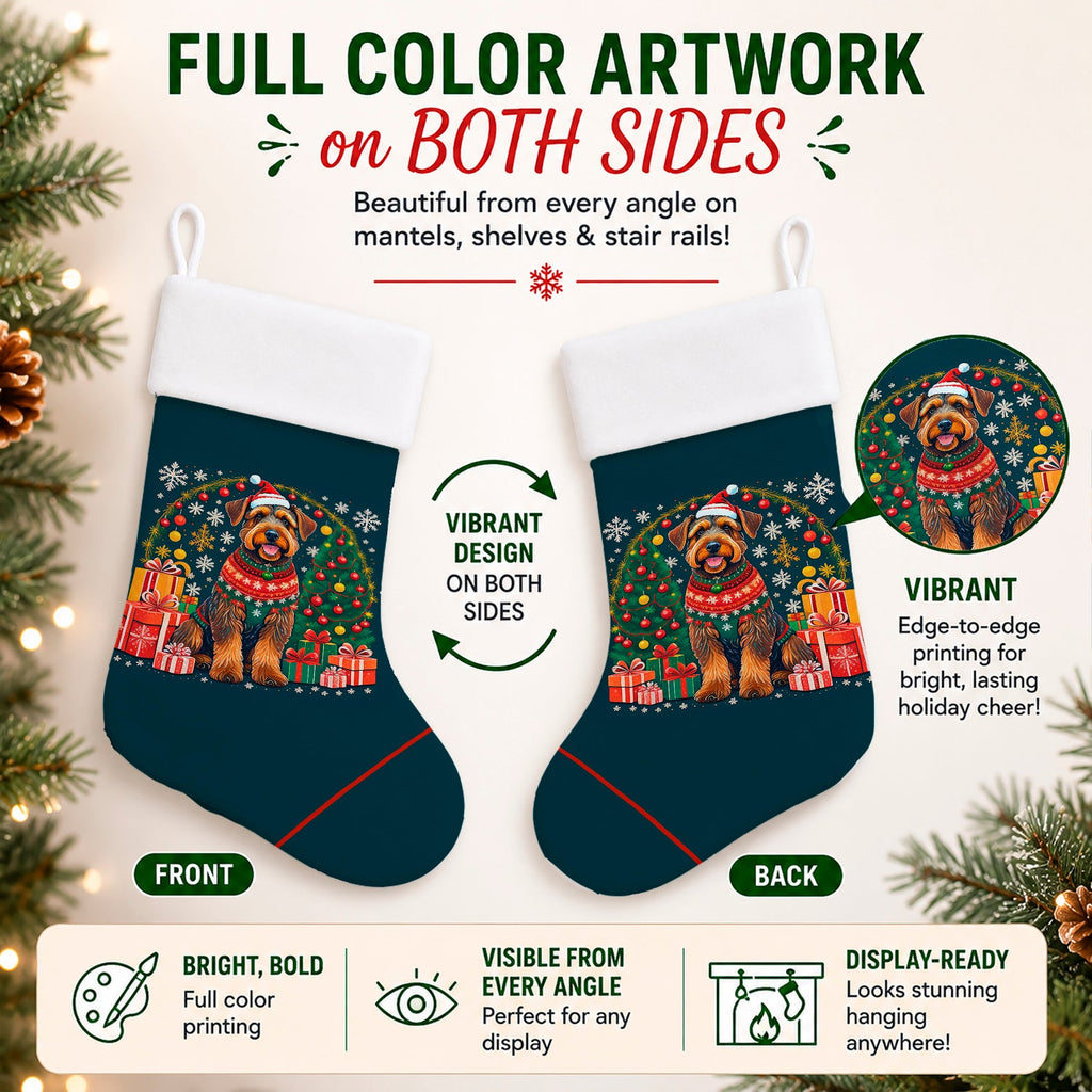 Airedale Terrier Christmas Holiday Stocking Double-Sided Print, Polyester Suede,11x18, Made in USA