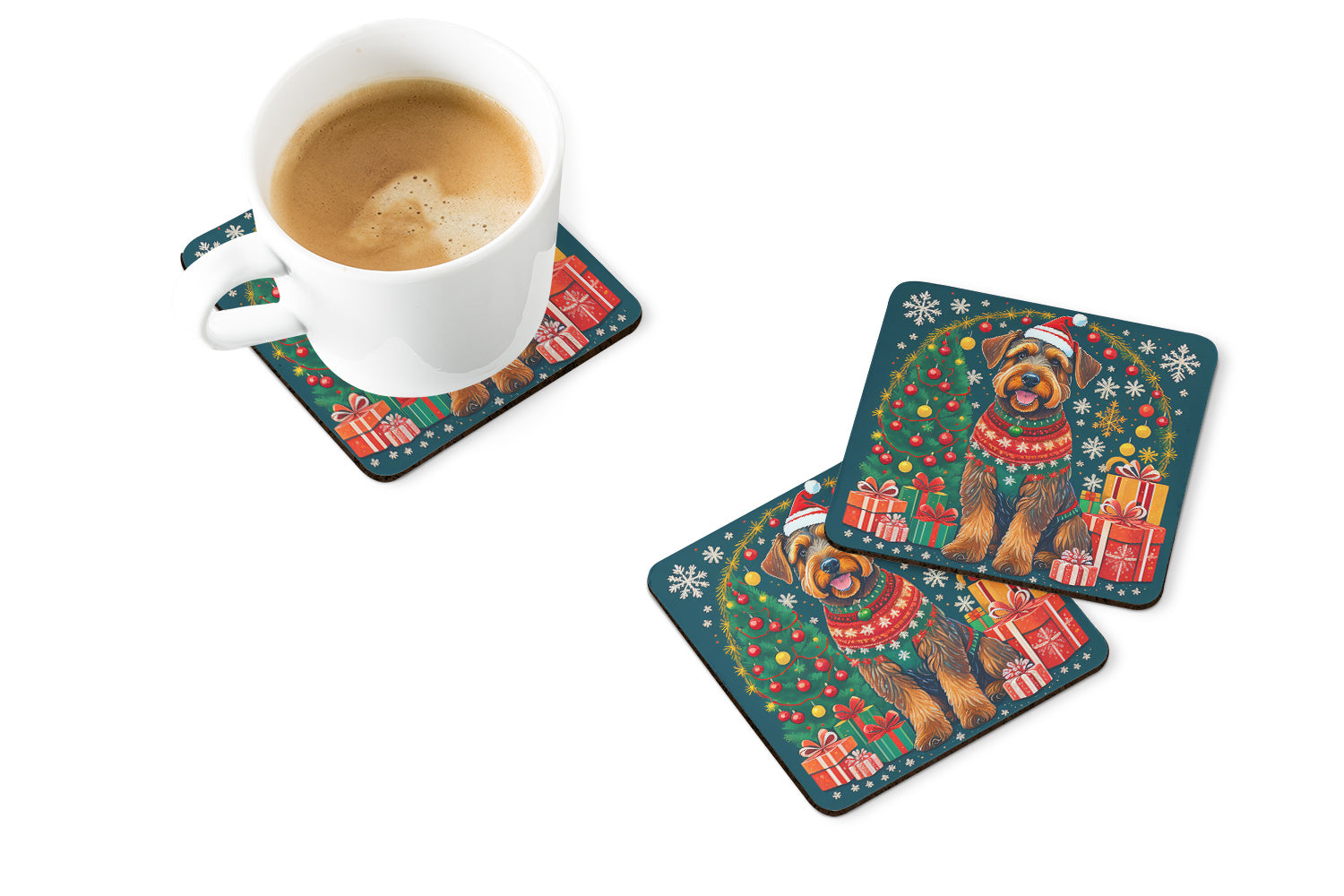 Airedale Terrier Christmas Foam Coasters Set of 4 Cup Coasters for Indoor Outdoor, Tabletop Protection, Anti Slip, Mouse pad Material