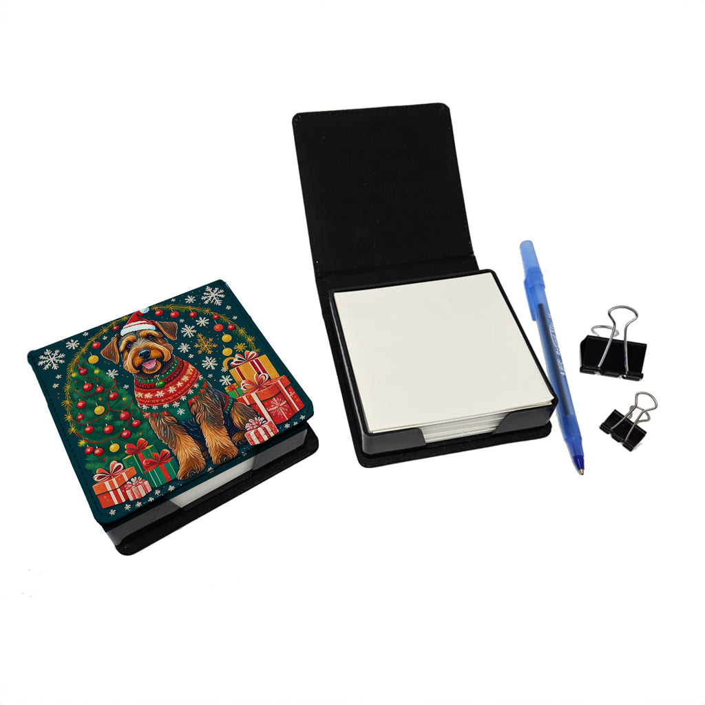 Airedale Terrier Christmas PU Leather Note Paper Holder with Artist-Designed Cover, Desk Accessory, Office Gift