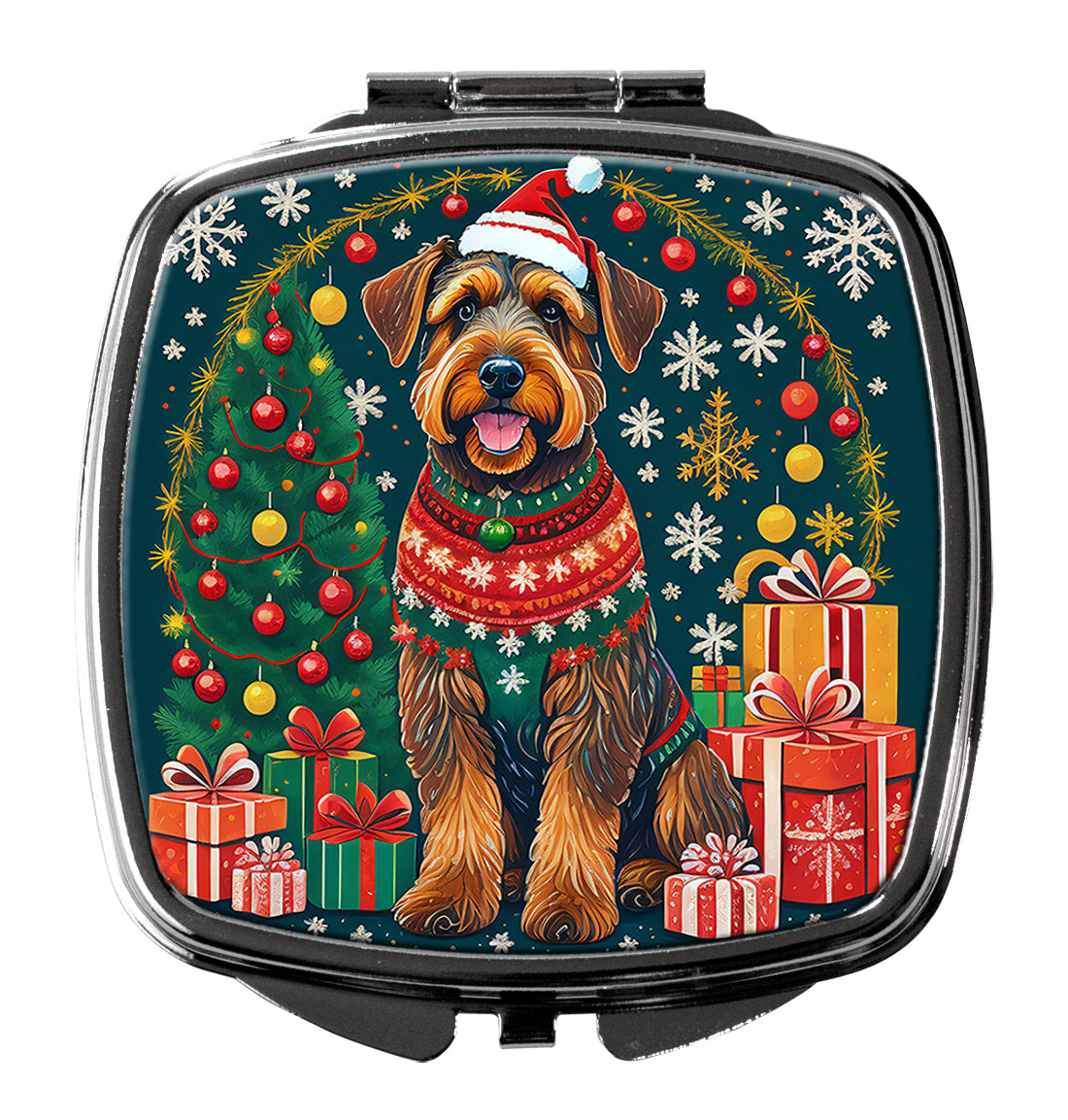 Airedale Terrier Christmas Compact Mirror Decorative Travel Makeup Mirror for Women Girls Gifts Pocket Makeup Mirror Folding Handheld