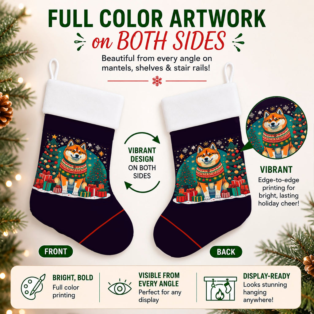 Akita Christmas Holiday Stocking Double-Sided Print, Polyester Suede,11x18, Made in USA