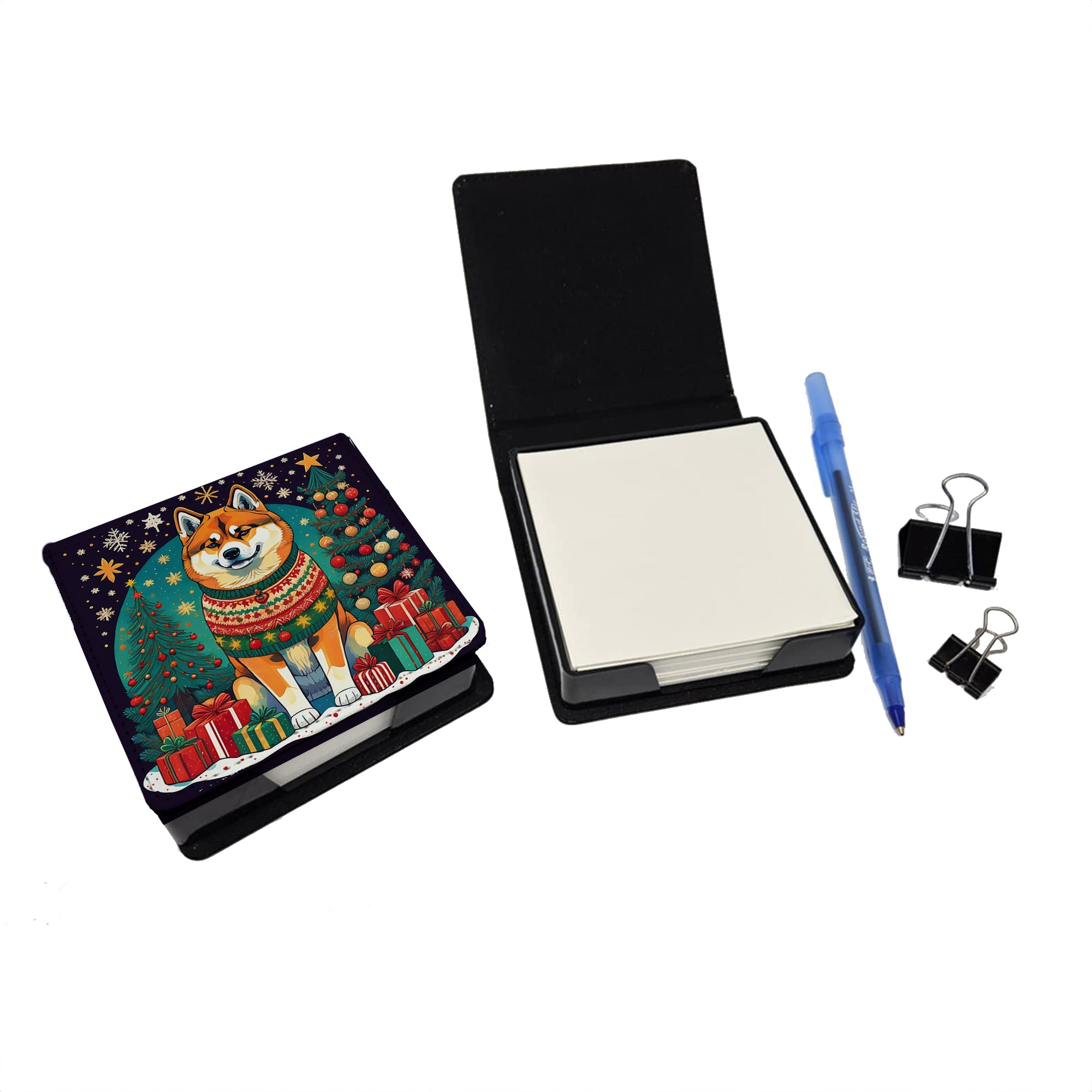 Akita Christmas PU Leather Note Paper Holder with Artist-Designed Cover, Desk Accessory, Office Gift