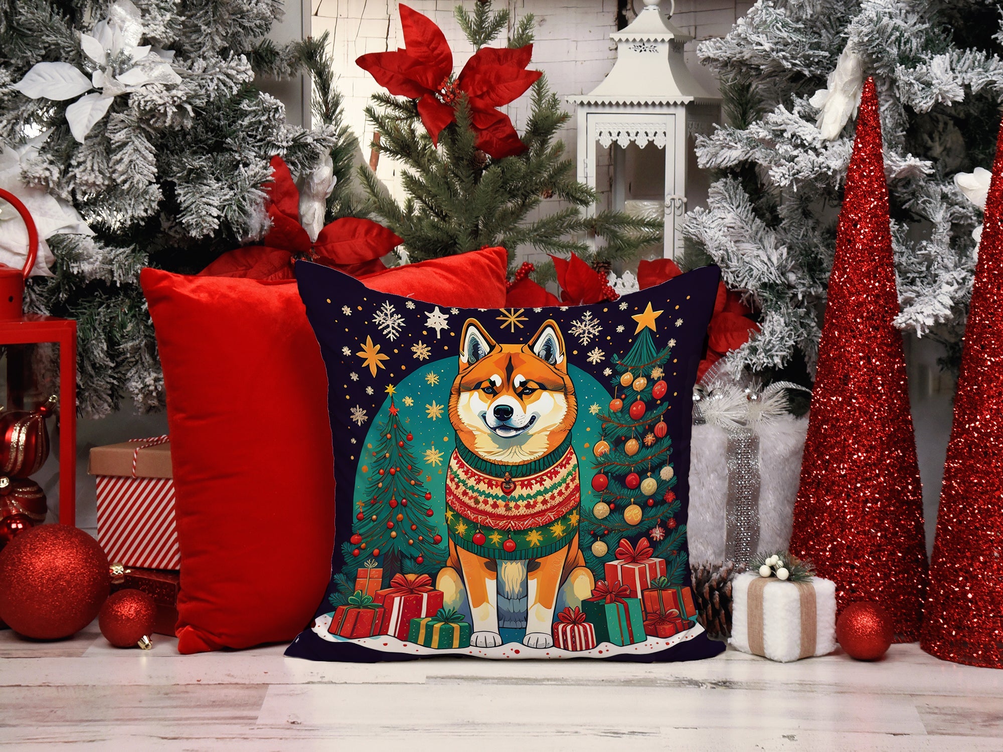 Akita Christmas Decorative Throw Pillow 18x18 Indoor Outdoor Accent Cushion, Fabric Cover with Insert for Sofa, Bed, Porch & Living Room