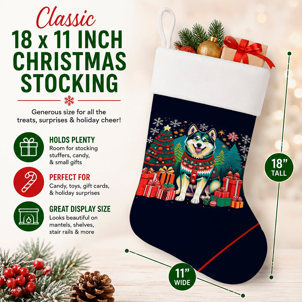Alaskan Malamute Christmas Holiday Stocking Double-Sided Print, Polyester Suede,11x18, Made in USA