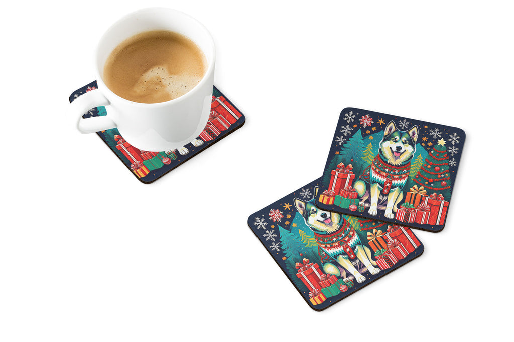 Alaskan Malamute Christmas Foam Coasters Set of 4 Cup Coasters for Indoor Outdoor, Tabletop Protection, Anti Slip, Mouse pad Material