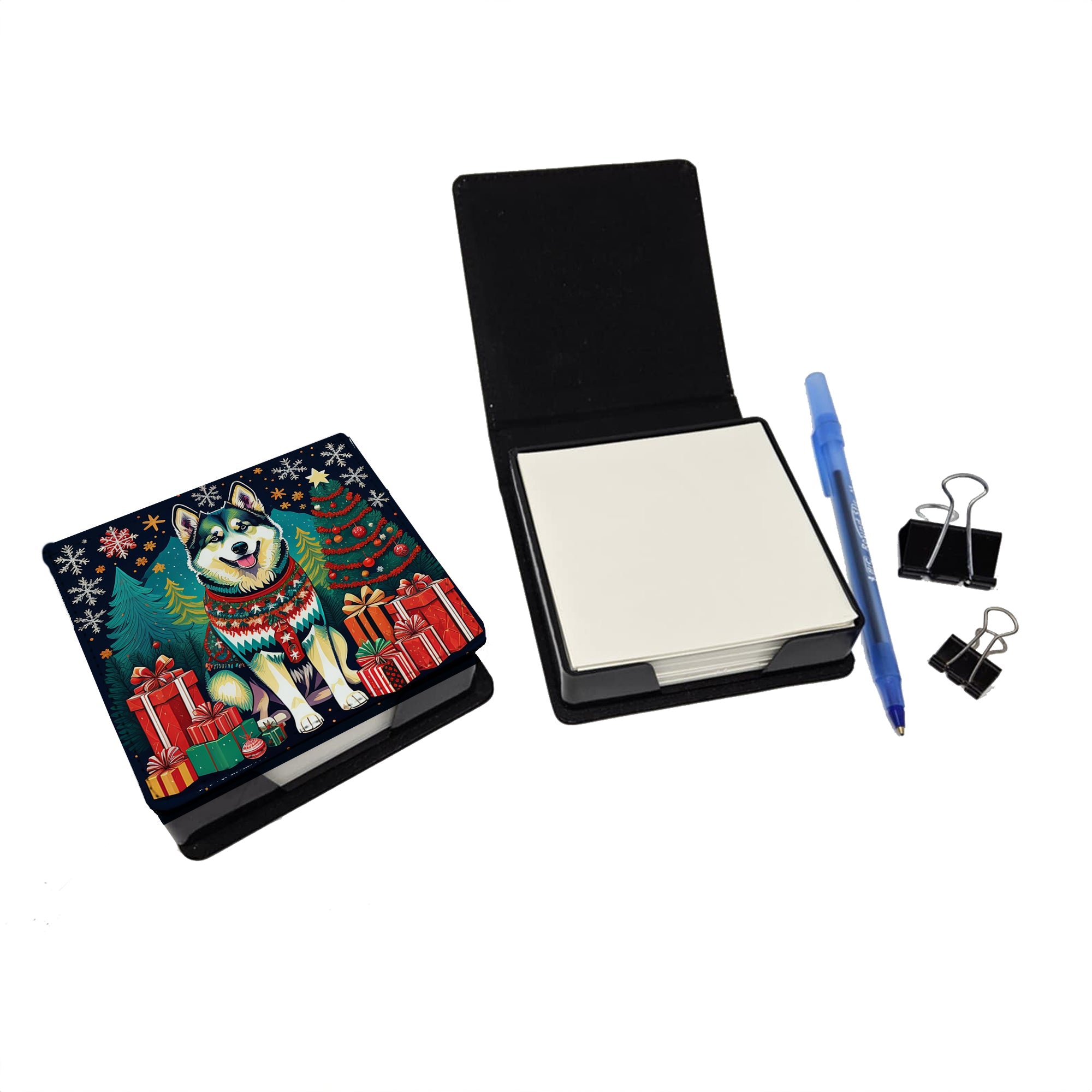 Alaskan Malamute Christmas PU Leather Note Paper Holder with Artist-Designed Cover, Desk Accessory, Office Gift