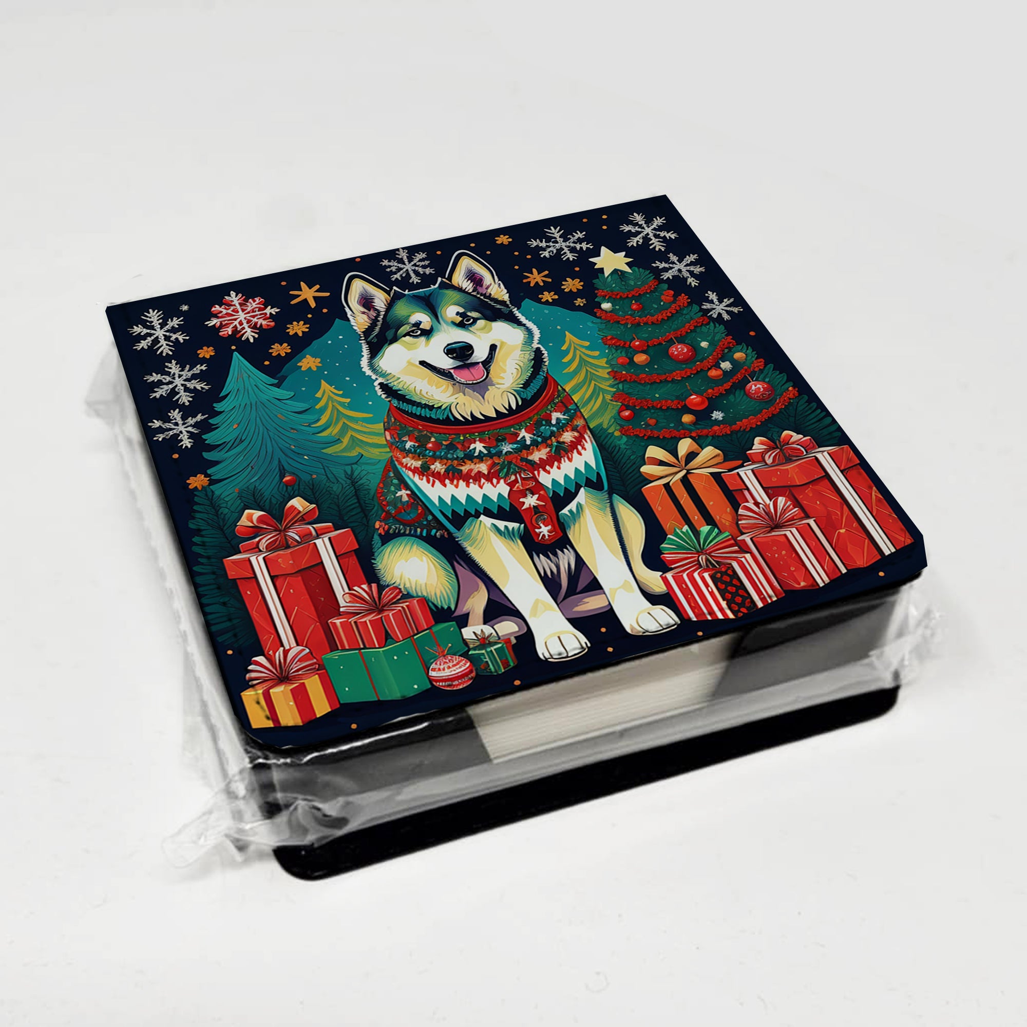 Alaskan Malamute Christmas PU Leather Note Paper Holder with Artist-Designed Cover, Desk Accessory, Office Gift
