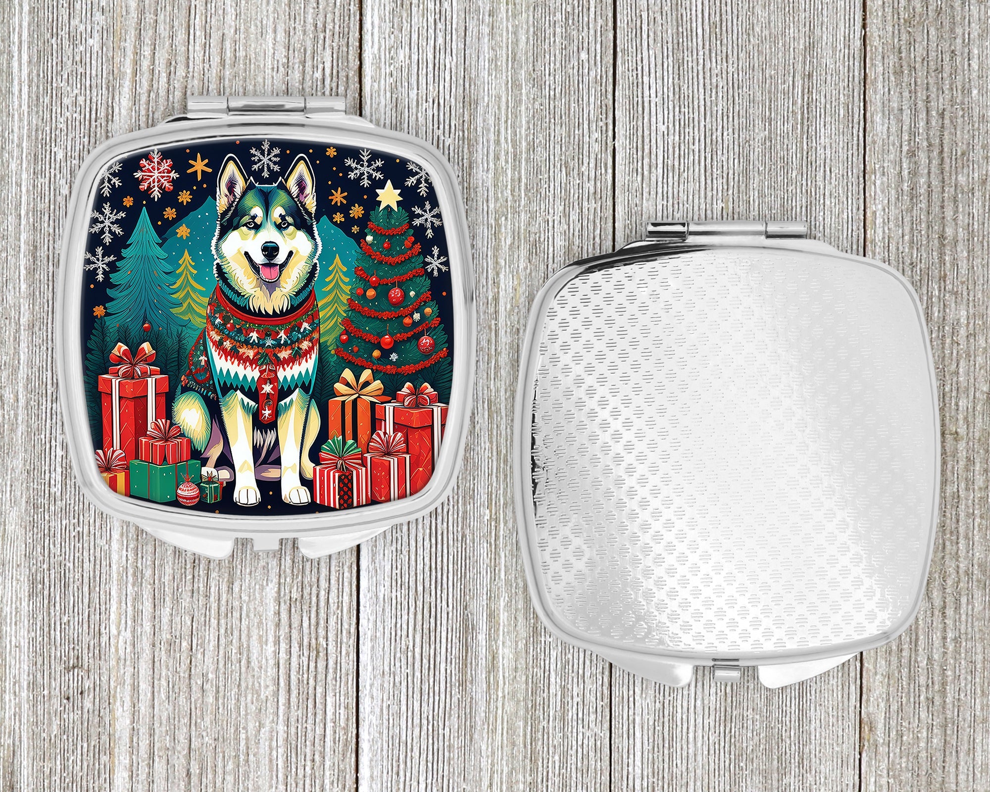 Alaskan Malamute Christmas Compact Mirror Decorative Travel Makeup Mirror for Women Girls Gifts Pocket Makeup Mirror Folding Handheld